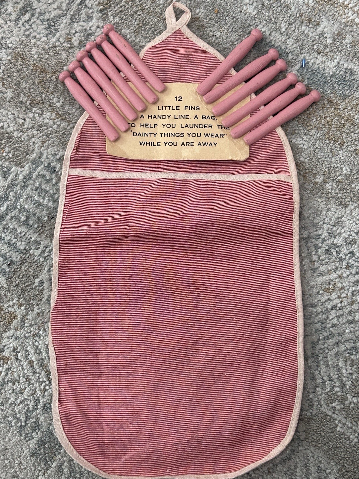Vintage 1950’s Travel Clothespins And Laundry / Pin Bag  / Unused 12 Small Pins