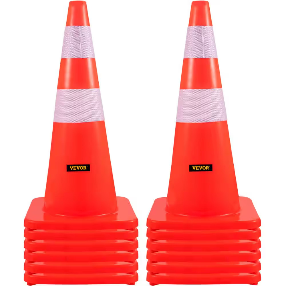 28 In. Traffic Cones PVC Orange Safety Cone with 2-Reflective Collars and Weight
