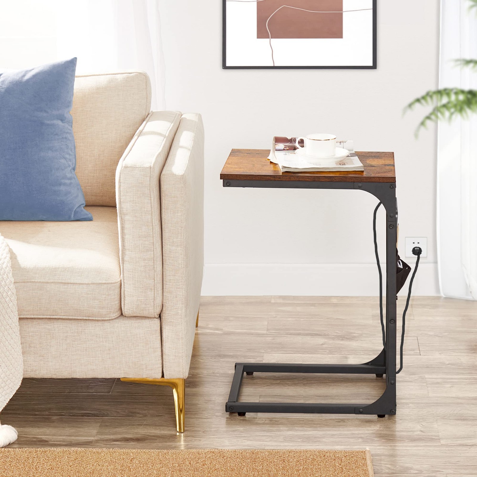 C Shaped End Table with Charging Station, Side Table for Sofa, Couch Table wi...