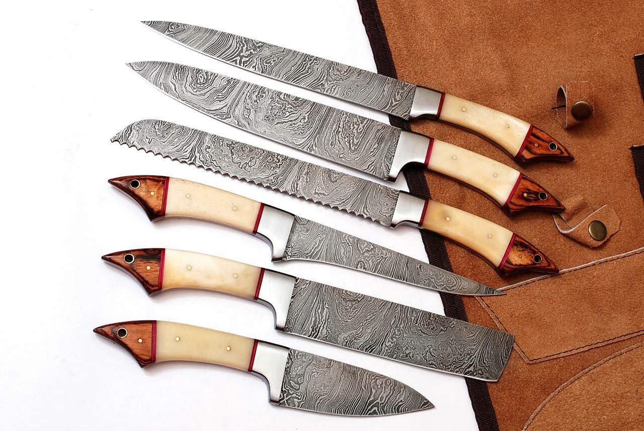 Custom made damascus steel kitchen/chef's knife set with leather roll bag DR-61