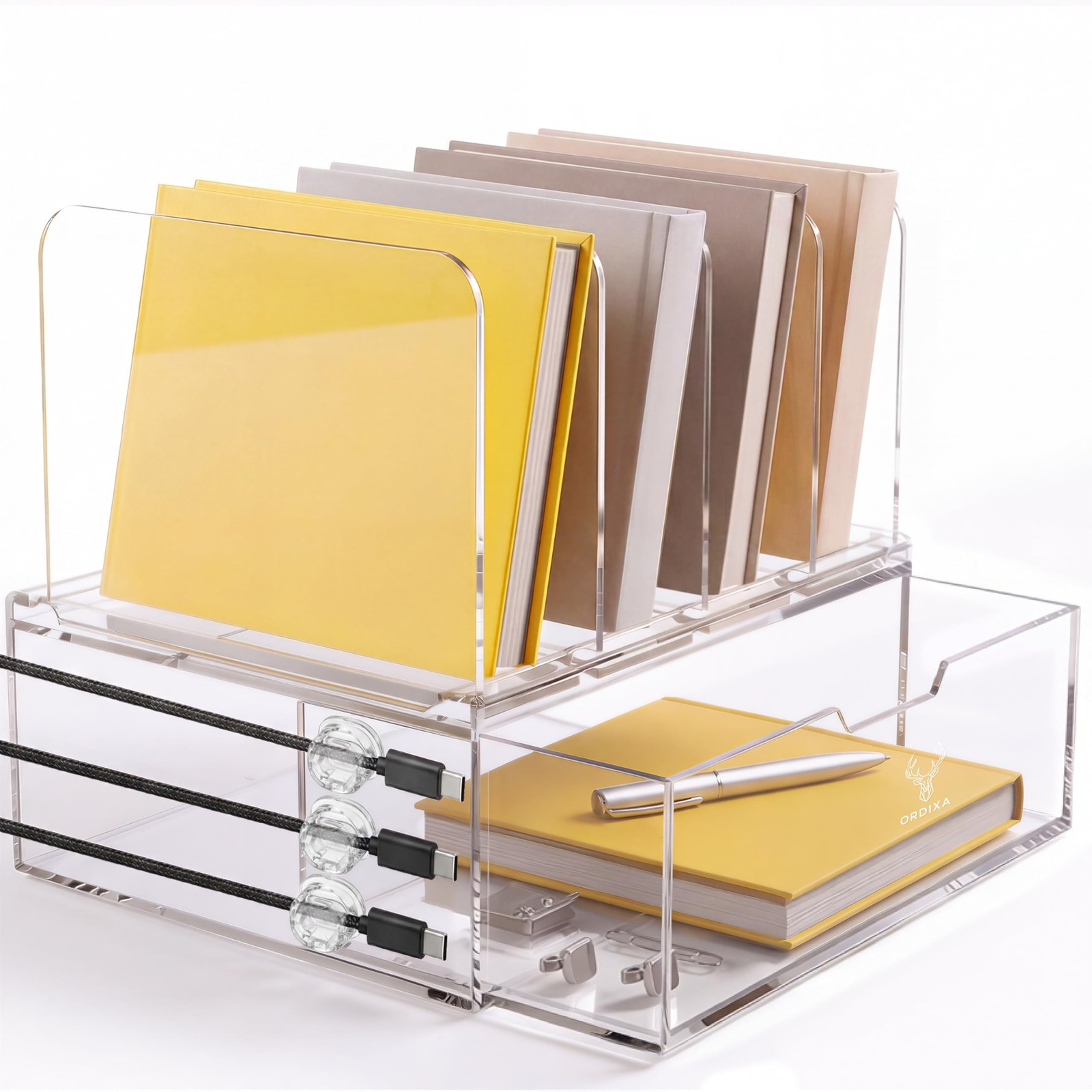 Acrylic Desk Organizer with Drawer and Cable Holders, Clear Acrylic Desktop O...