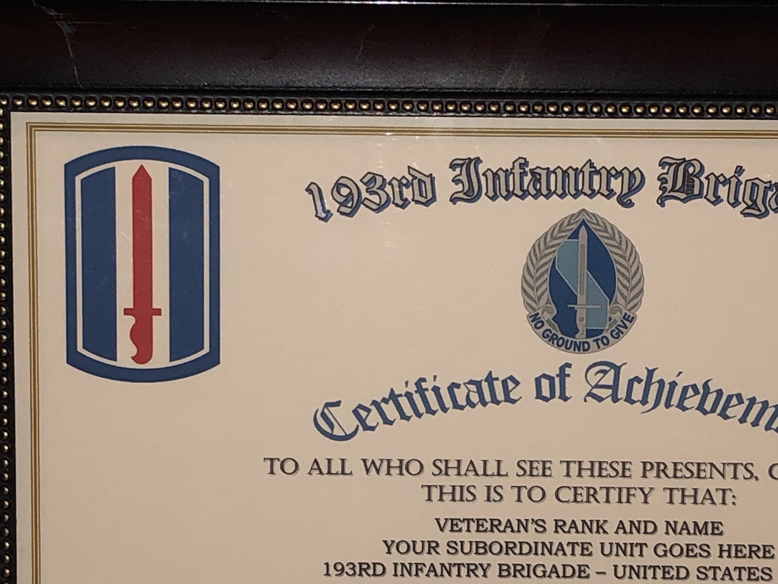 193RD INFANTRY BRIGADE - COA / (COMMEMORATIVE CERTIFICATE)