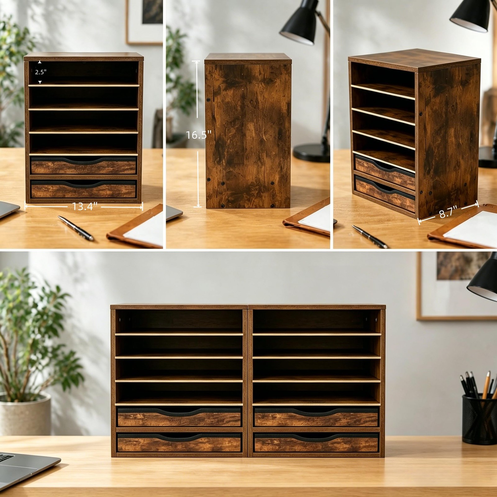 Wooden Desk Organizer with Drawers, 6 Tier Adjustable Paper & File Storage Or...