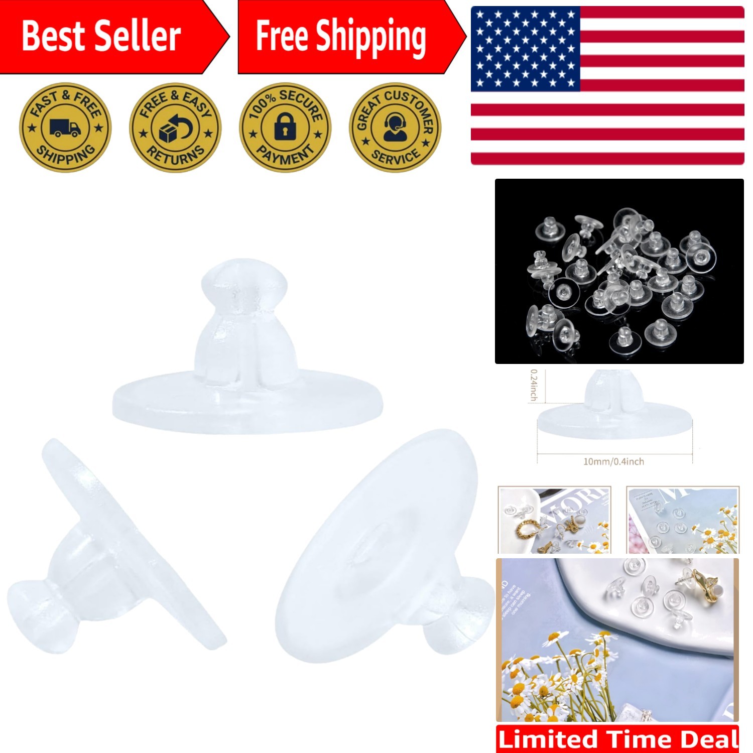 100 Pack Silicone Earring Backs - Clear Rubber Safety Stoppers for DIY Jewelry