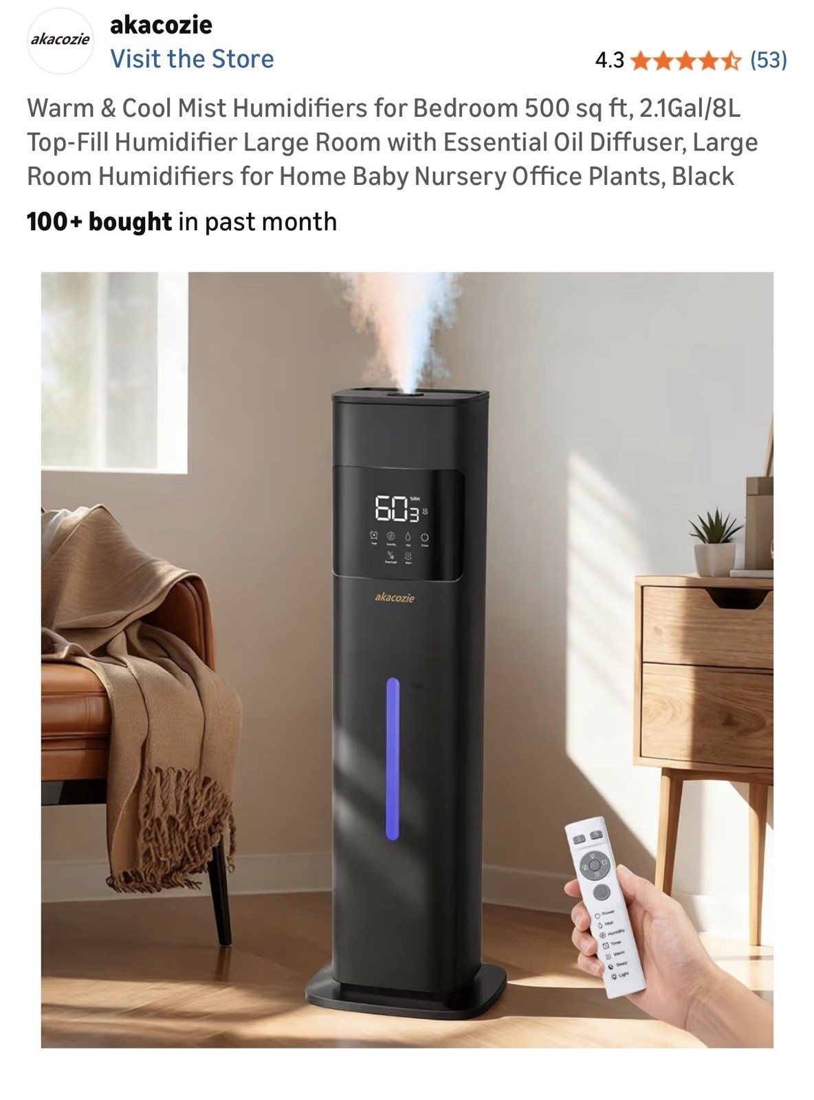 akacozie Ultrasonic Tower Humidifier AKA-MH-2407 2.1Gal 8L 500sqft Black