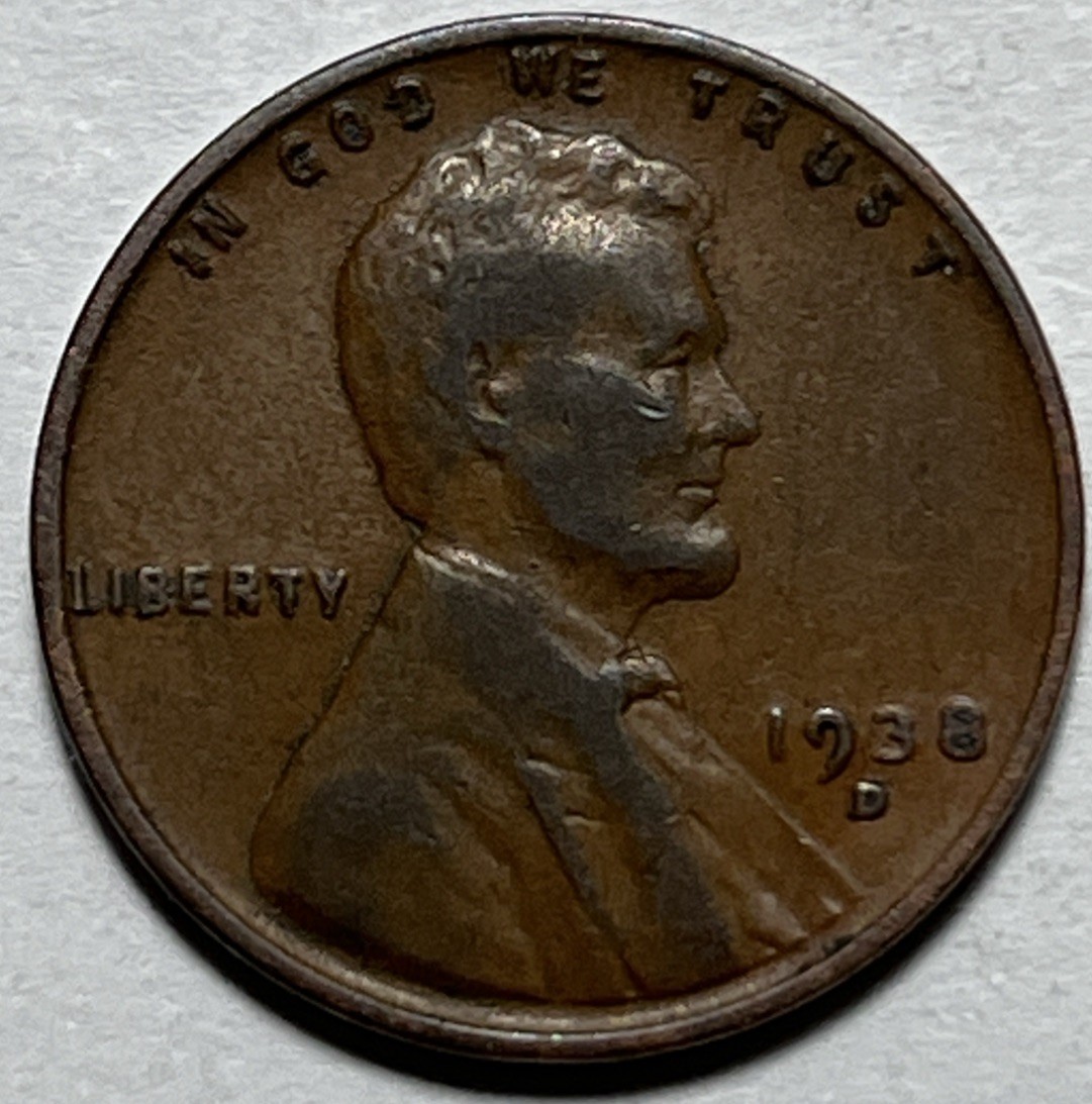 1938 D Lincoln Wheat Penny Error Strike Through Copper Shaving Reverse