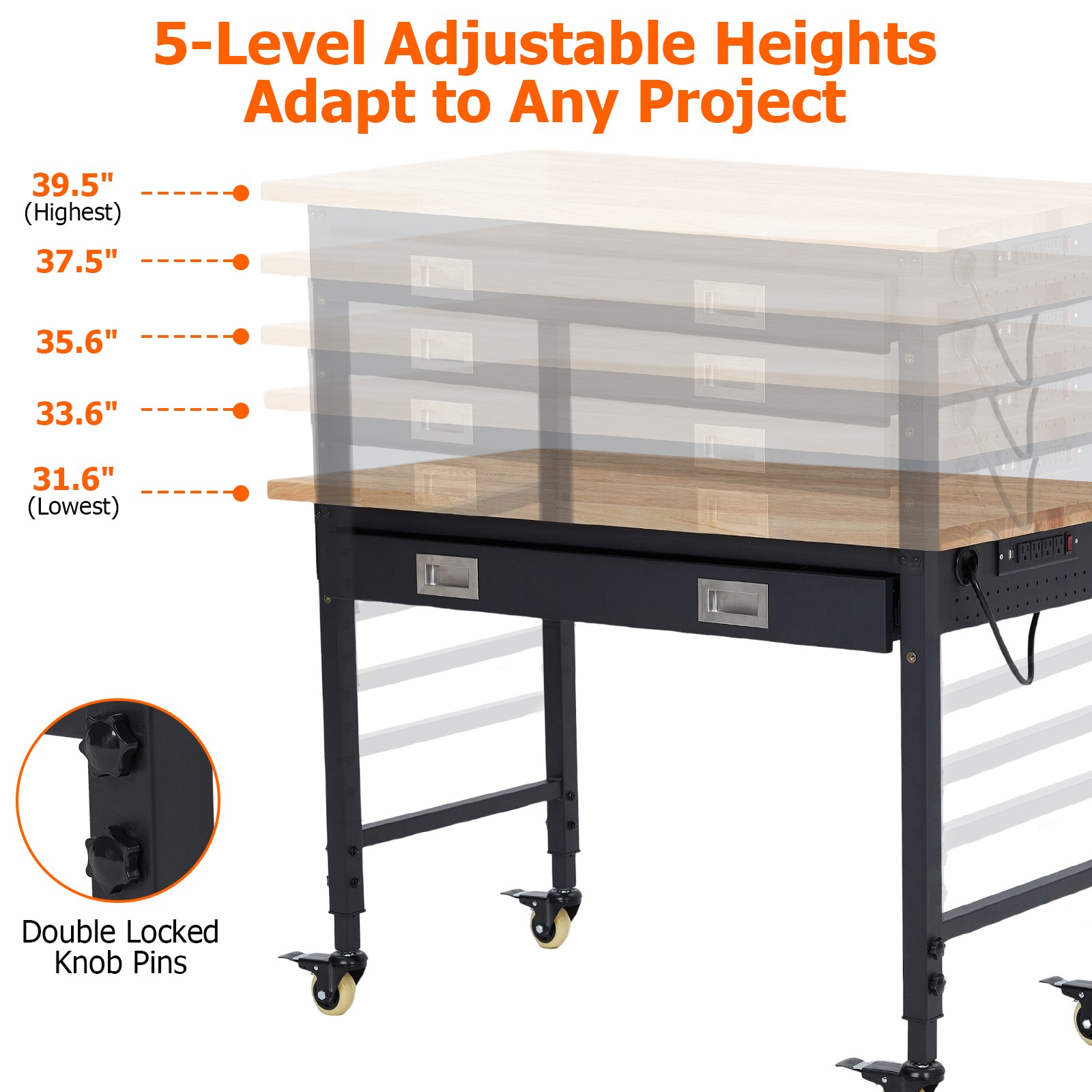 Heavy Duty Worktable With Drawer, Pageboard, Maximum Load Capacity 2000lbs Black