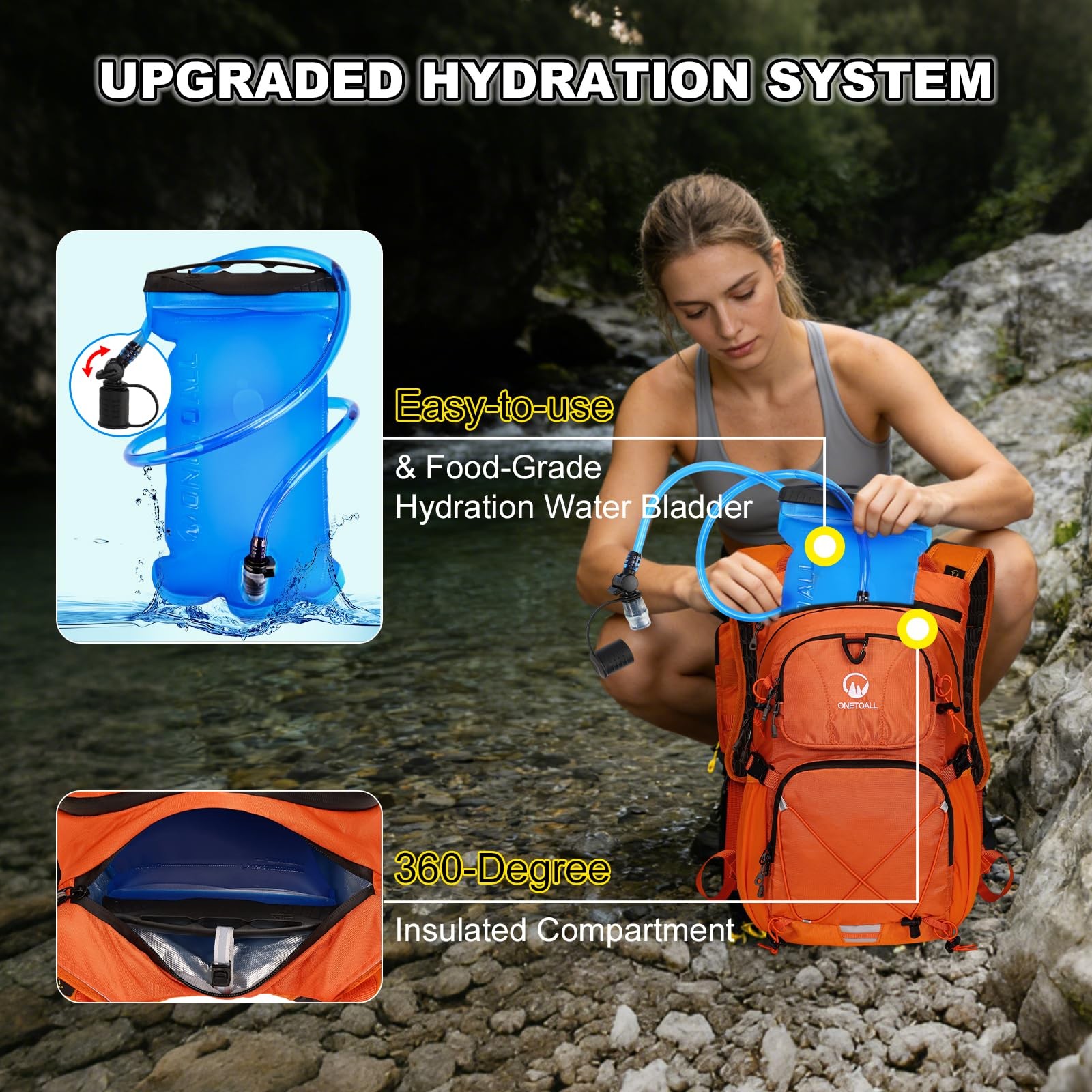 Hydration Backpack 22L, Hiking Backpack with 2L Leakproof Bladder, Sewn-in Ra...