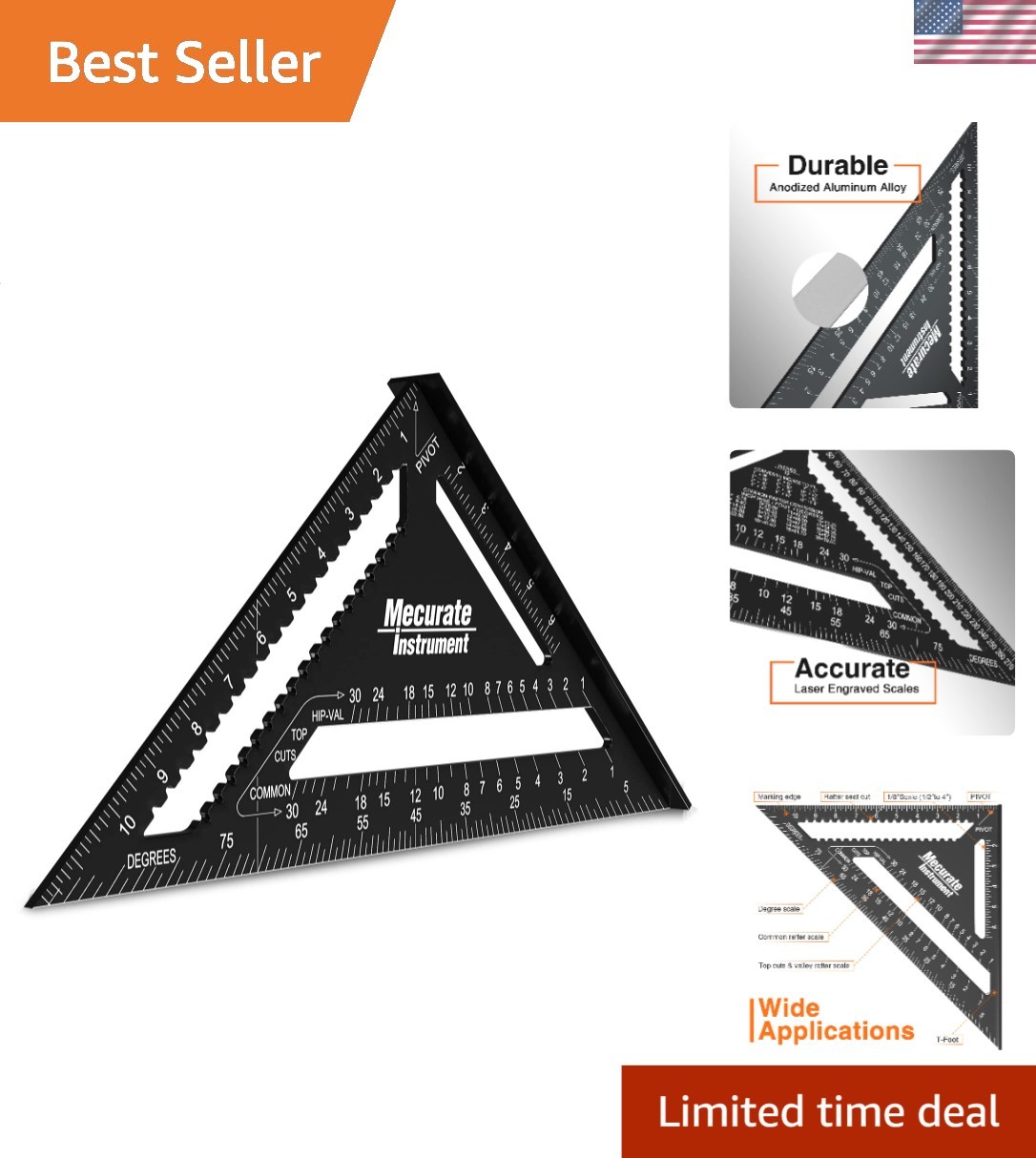 High-Quality 12" Aluminum Carpenter Square - Multi-Functional Measuring Tool