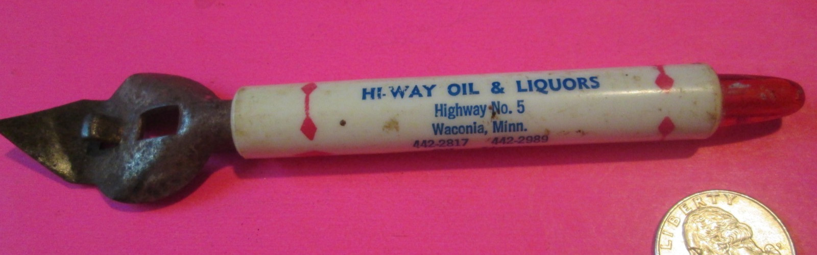 VTG HI WAY OIL & LIQUORS METAL PLASTIC BOTTLE CAN SODA OPENER WACONIA,MINN