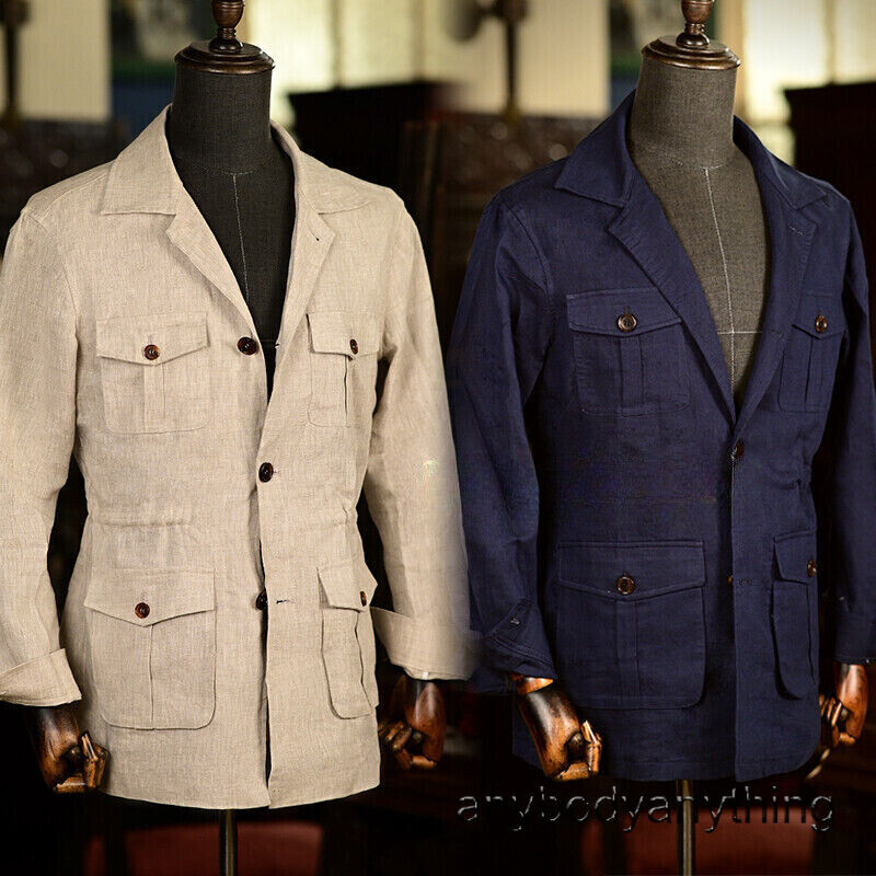 Men's 100% Linen Safari Pockets Casual Breathable Retro Tops Hunting Coat Jacket