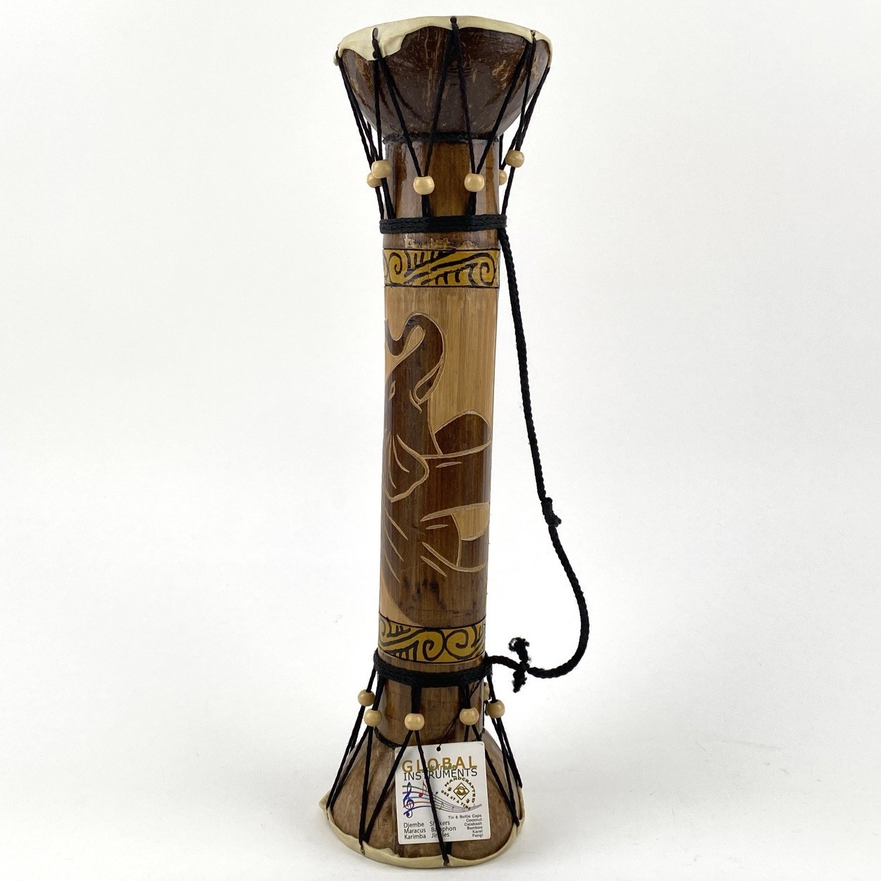 Hand-Carved Elephant Design African 17.5"T Double Sided Djembe Drum
