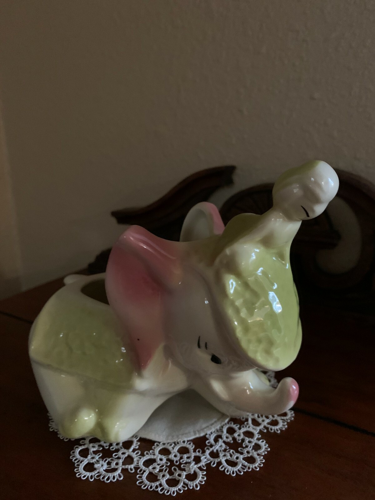 Vintage Girl Riding an Elephant Planter Lime Green and Pink US-93