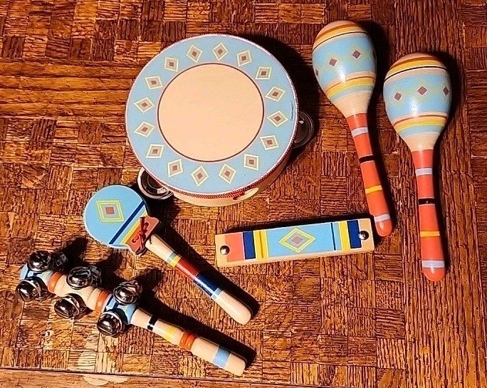 Child’s Wooden Tambourine & Maracas, Bells And Clackers Colorful Sasafras