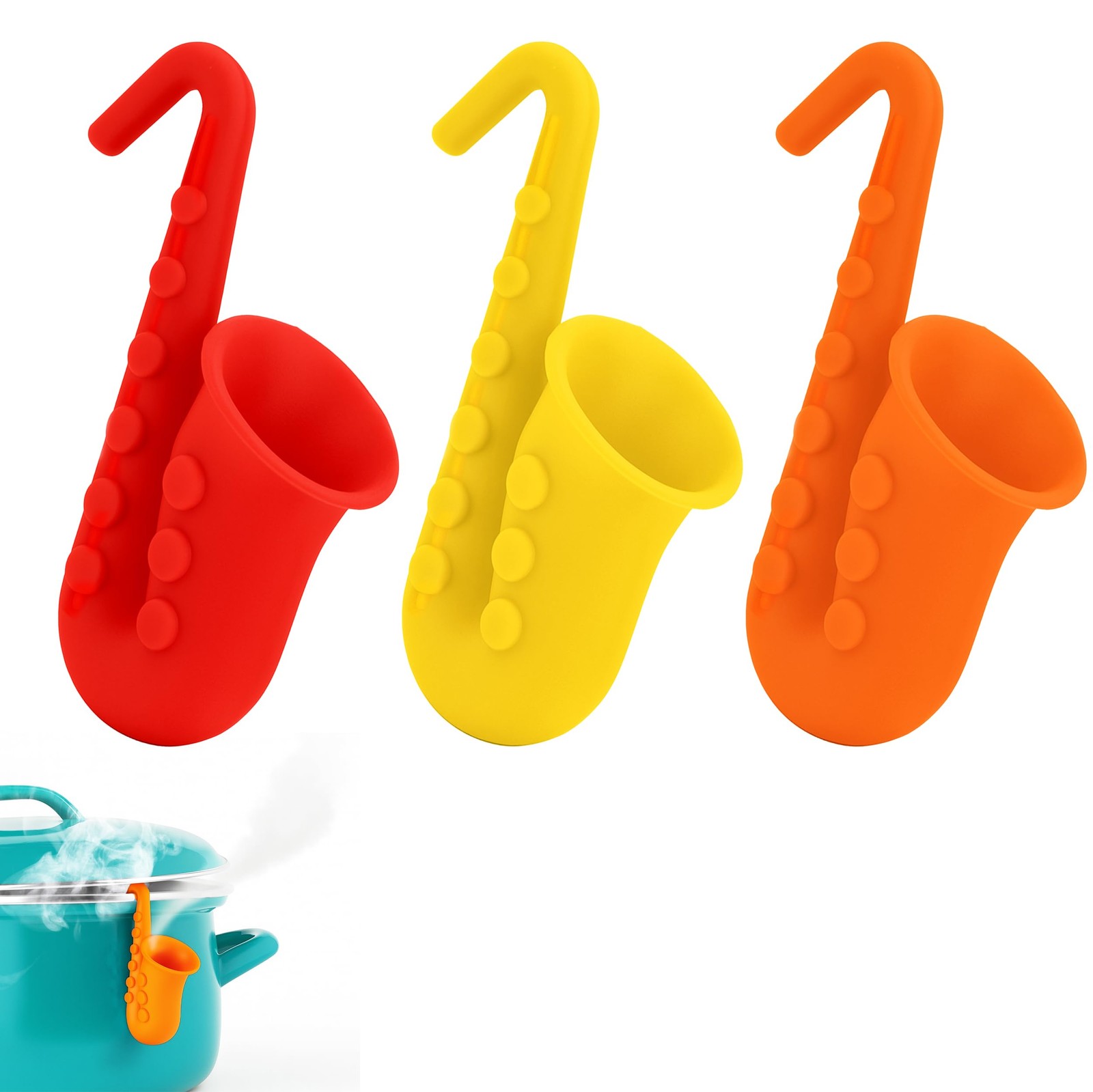 3 Pack Saxophone Shaped Pot Lid Lifter Steam Release Spill Stopper Raiser Kit
