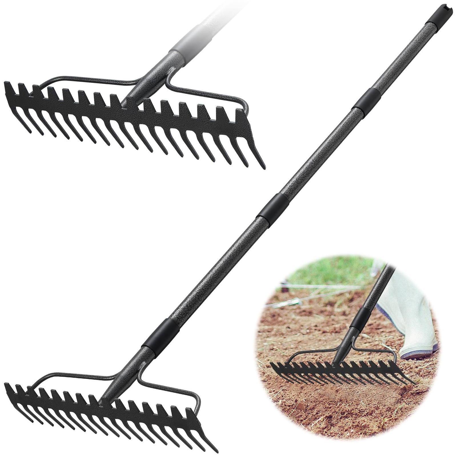 49'' Bow Rake Heavy Duty Garden Rake with Stainless Steel Handle, Tines Metal...