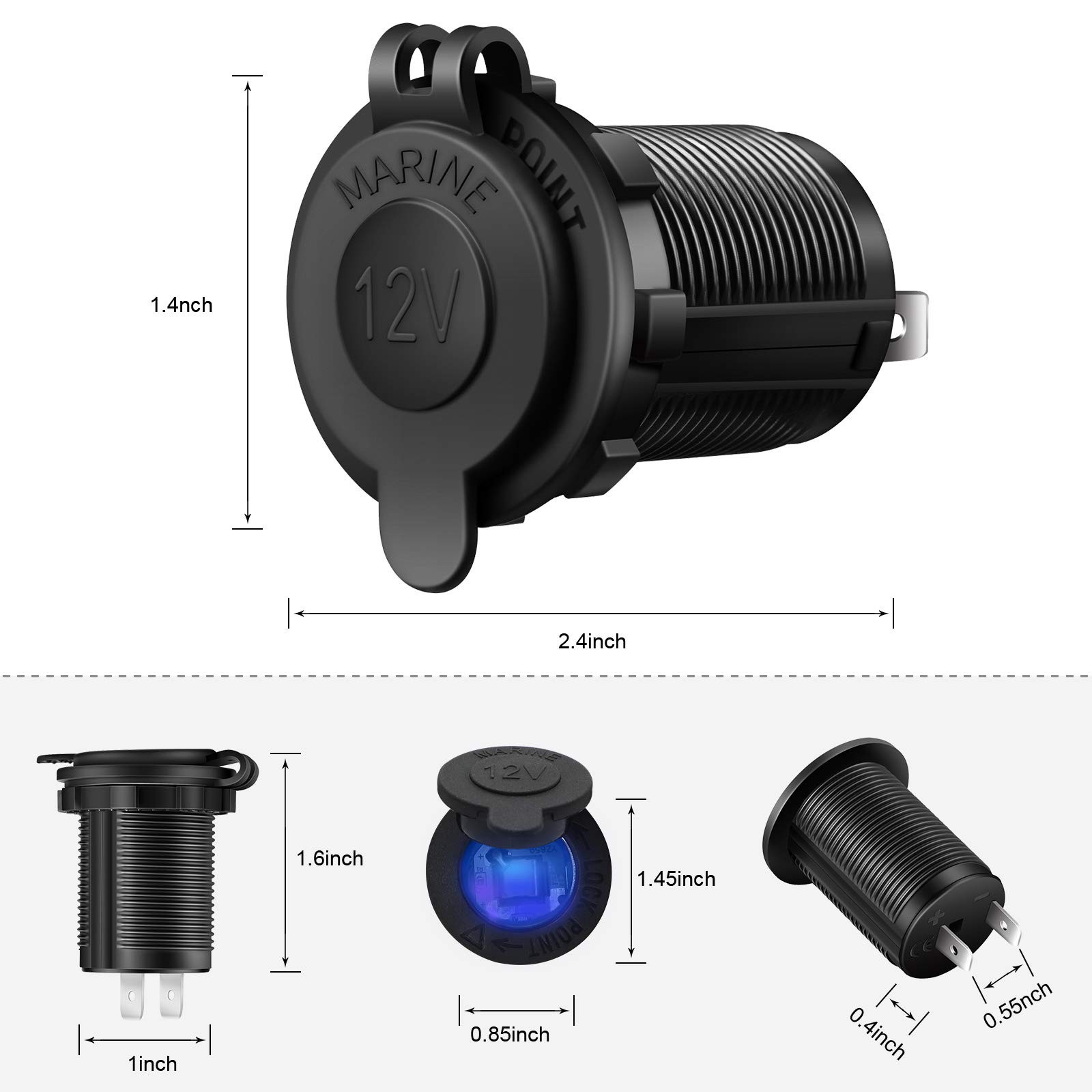 12V Cigarette Lighter Socket, 2 Pack Car Marine Motorcycle ATV RV blue
