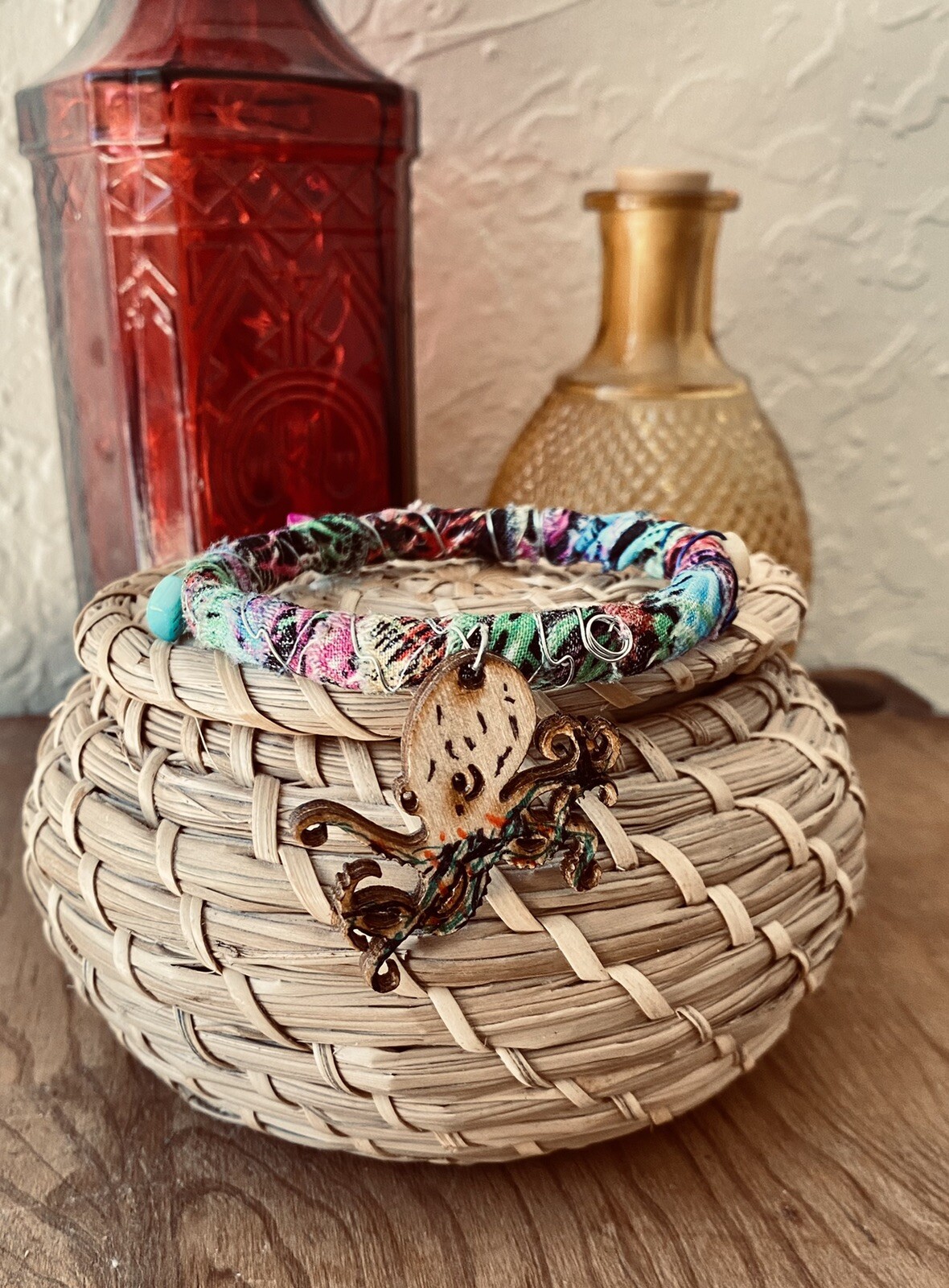 Octopus Bangle Fabric Wrapped Laser Painted Wood Charm & Beads