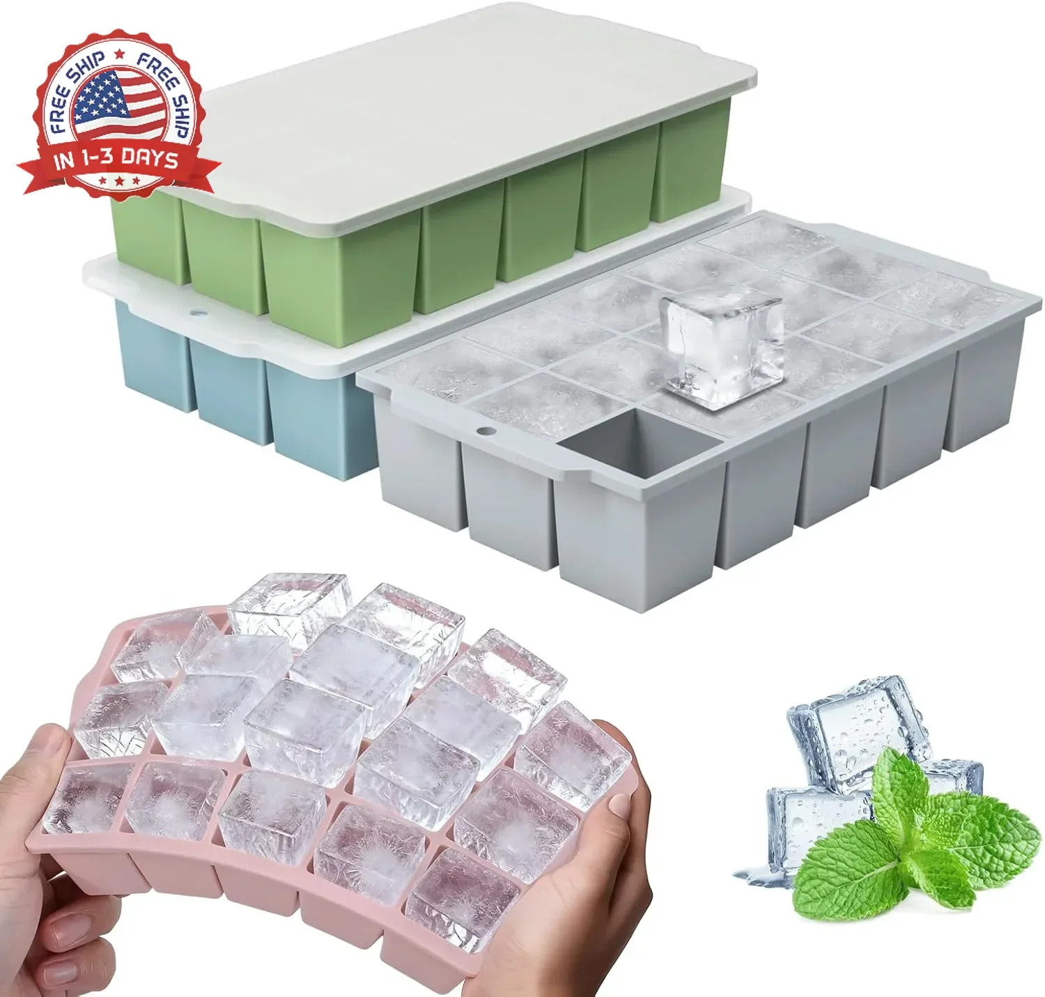 Silicone Ice Cube Tray with Locks Lids 4 Pack, Easy Release Flexible 15 Square I