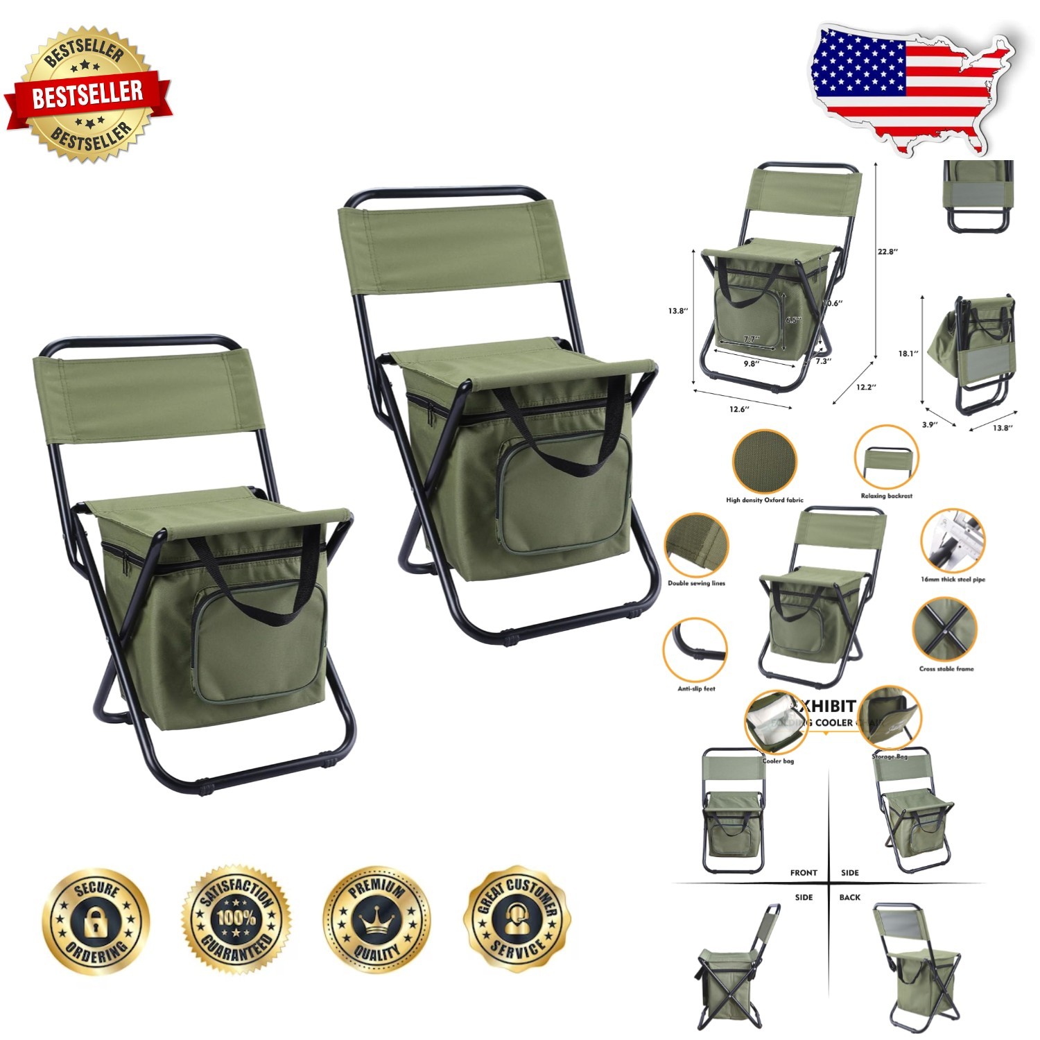Durable Fishing Chair w/ Cooler Bag, Foldable Camping Stool, 280lb Cap, Oxford