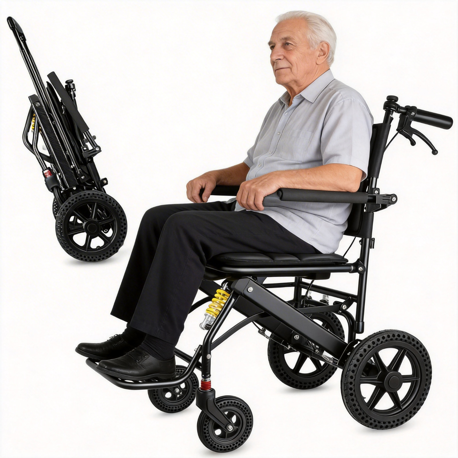 Lightweight Transport Wheelchair. Easy to Travel, Locking Hand Brakes,Portable