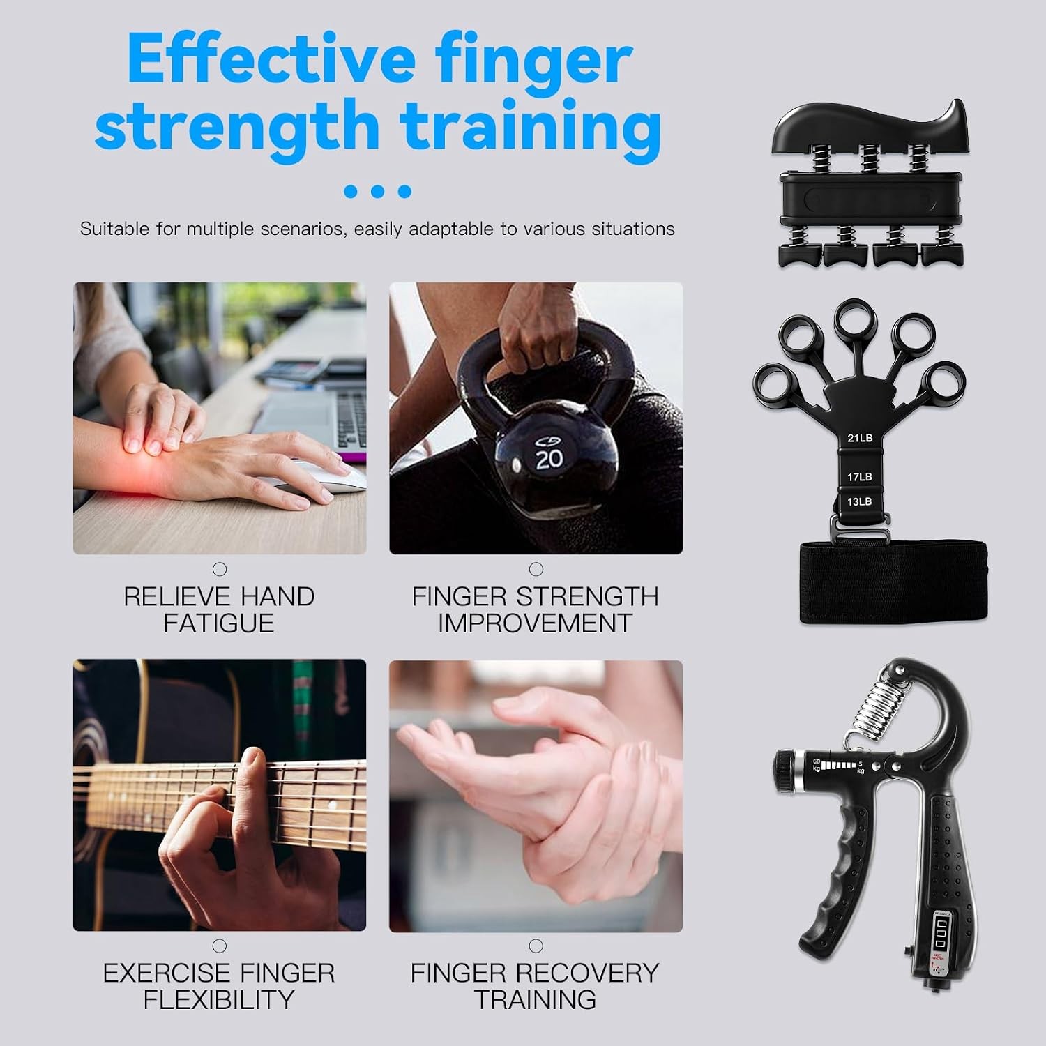 7PCS Grip Strength Trainer Kit, 2 Adjustable Forearm Resistance Grips, Finger