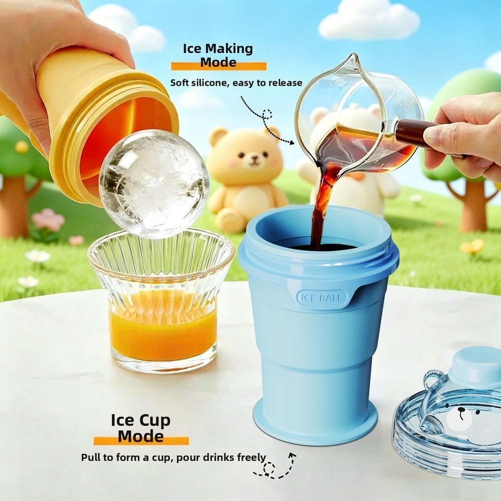 Folding 2 in 1 Ice Ball Maker Cup Silicone + Beverage Cup for Outdoor Use