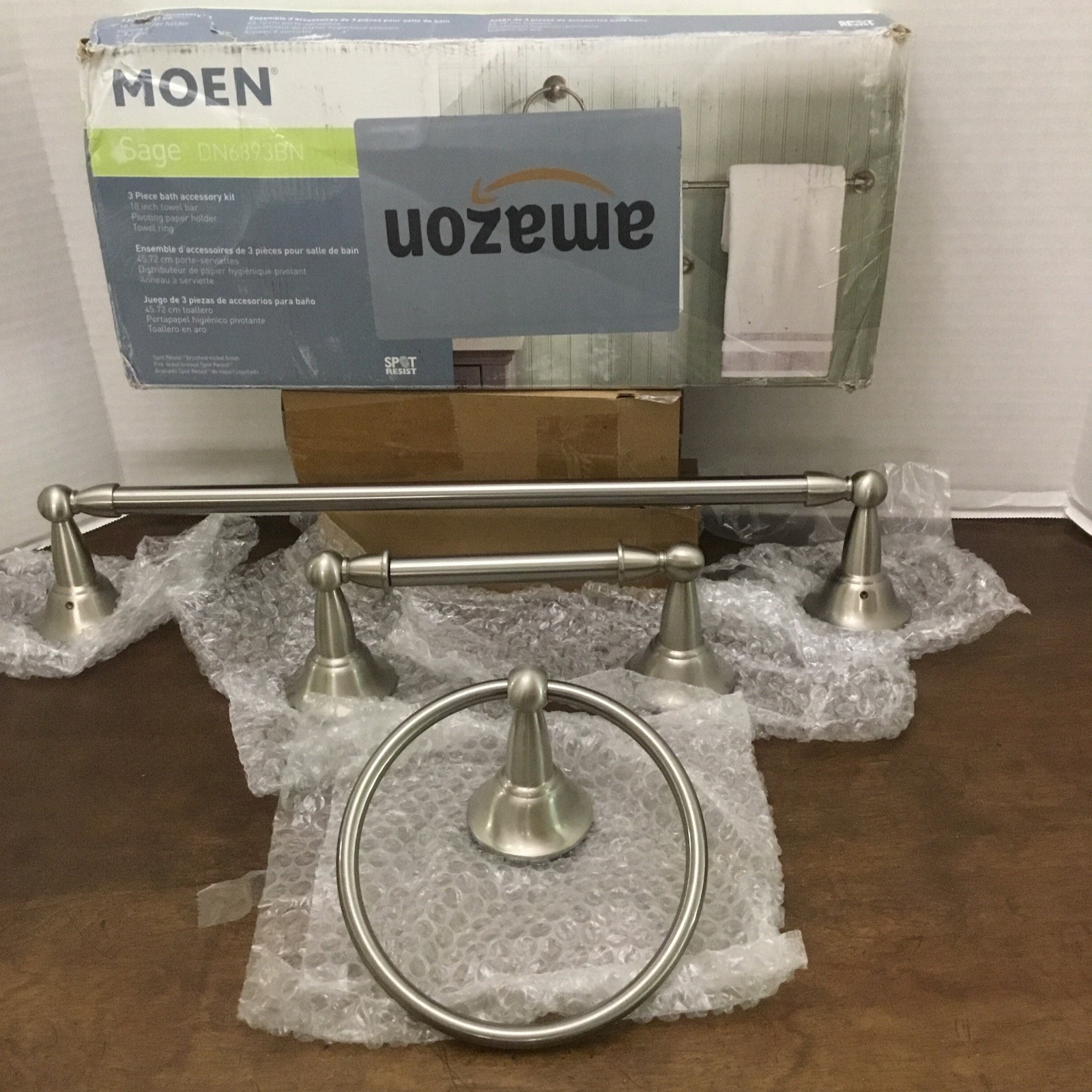 Moen Sage 3 Piece Bath Kit 18” Towel Bar Ring Paper Brush Nickel Missing Screws