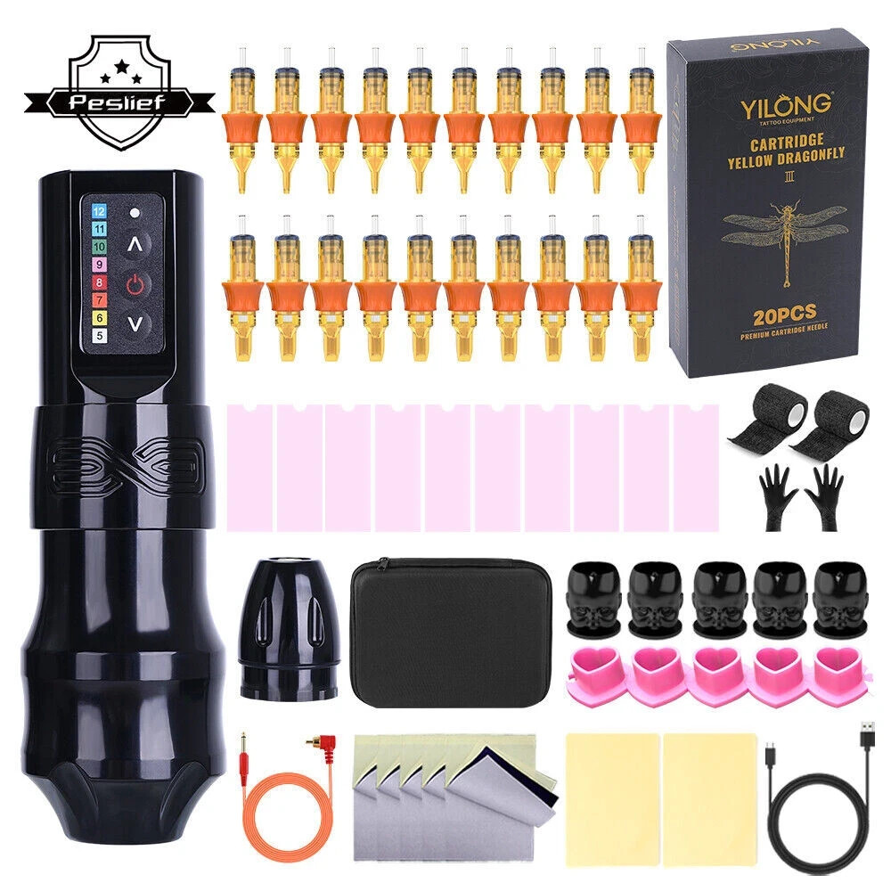 Tattoo Gun Kit 5-12V Adjustable Voltage Storage Case Disposable Accessories