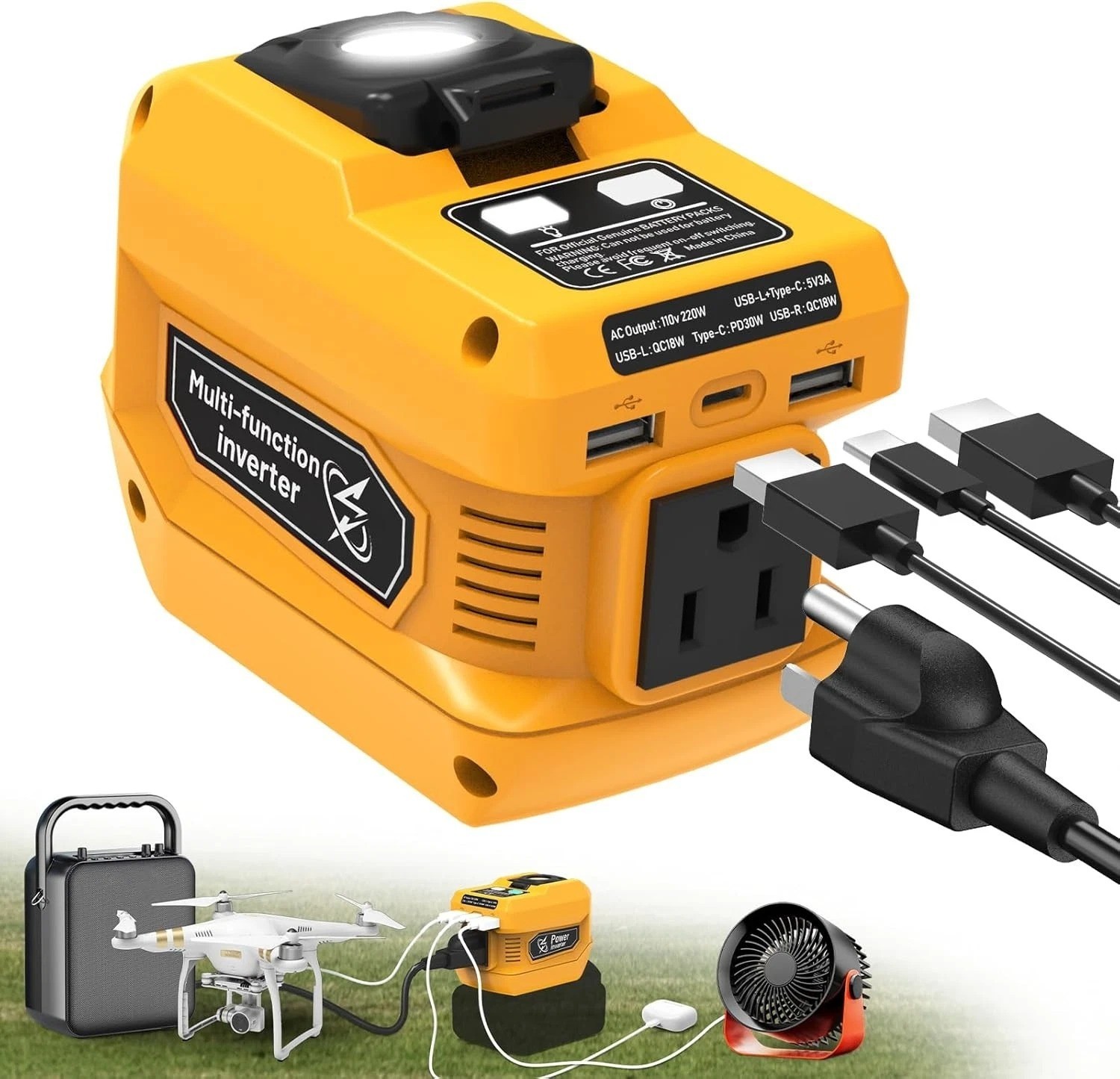 220W Power Inverter for Dewalt 20V Battery AC Outlet USB-C PD 30W LED Portable