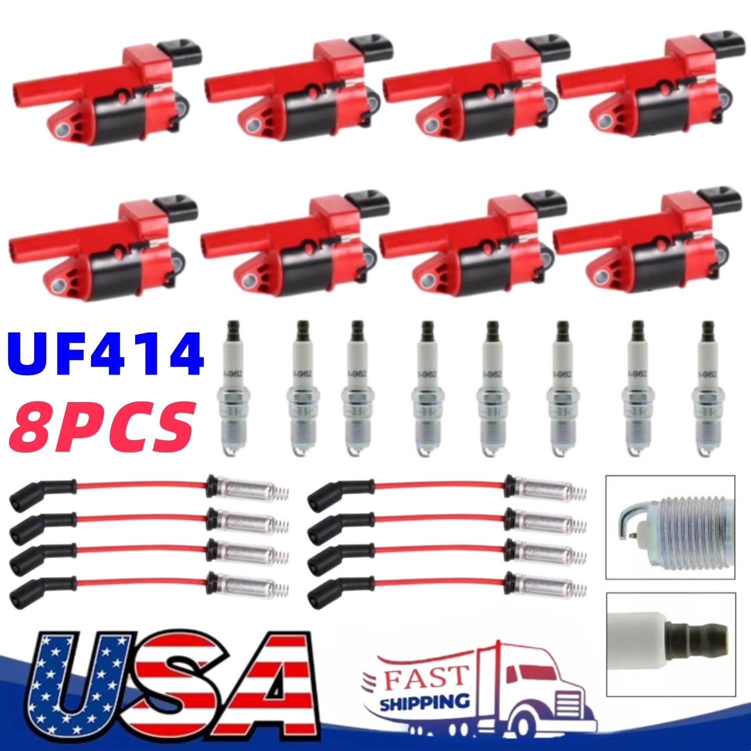 8* Round Ignition Coils Spark Plugs Wires Kit For GMC Chevy Silverado 1500 Tahoe