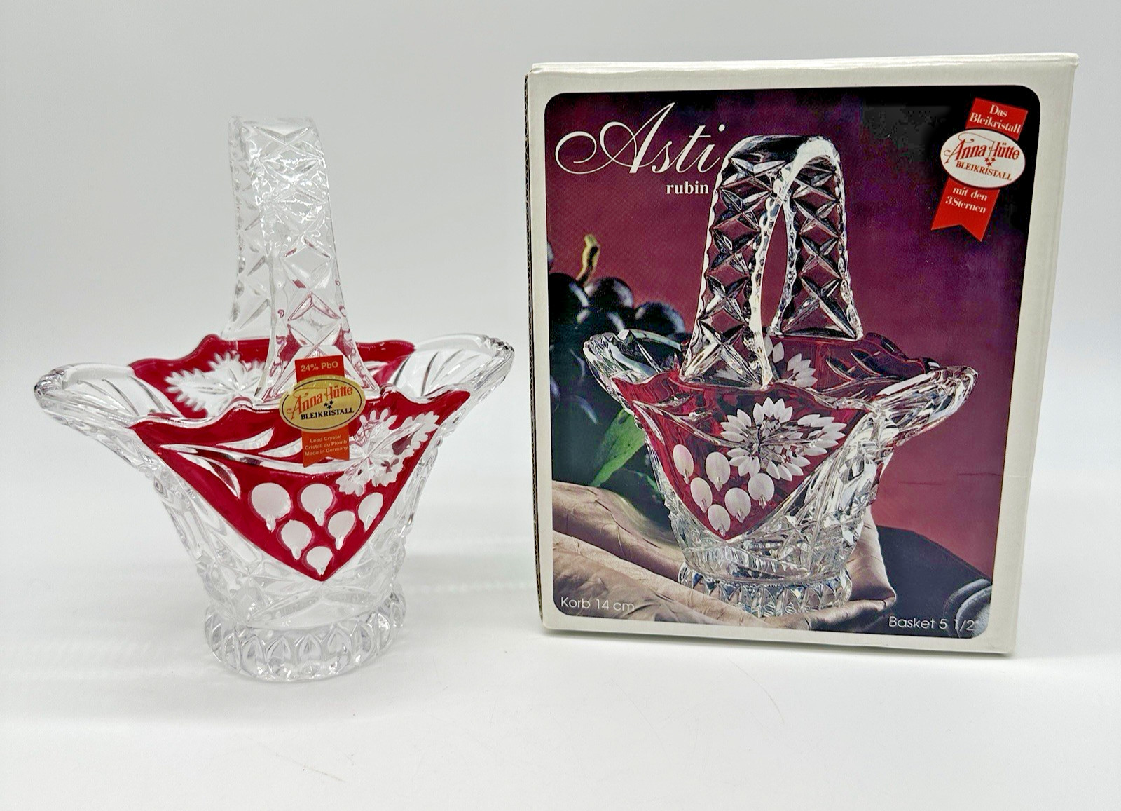 Anna Hutte Bleikristall 24% Lead Crystal Basket Ruby Red Flash Germany Vintage