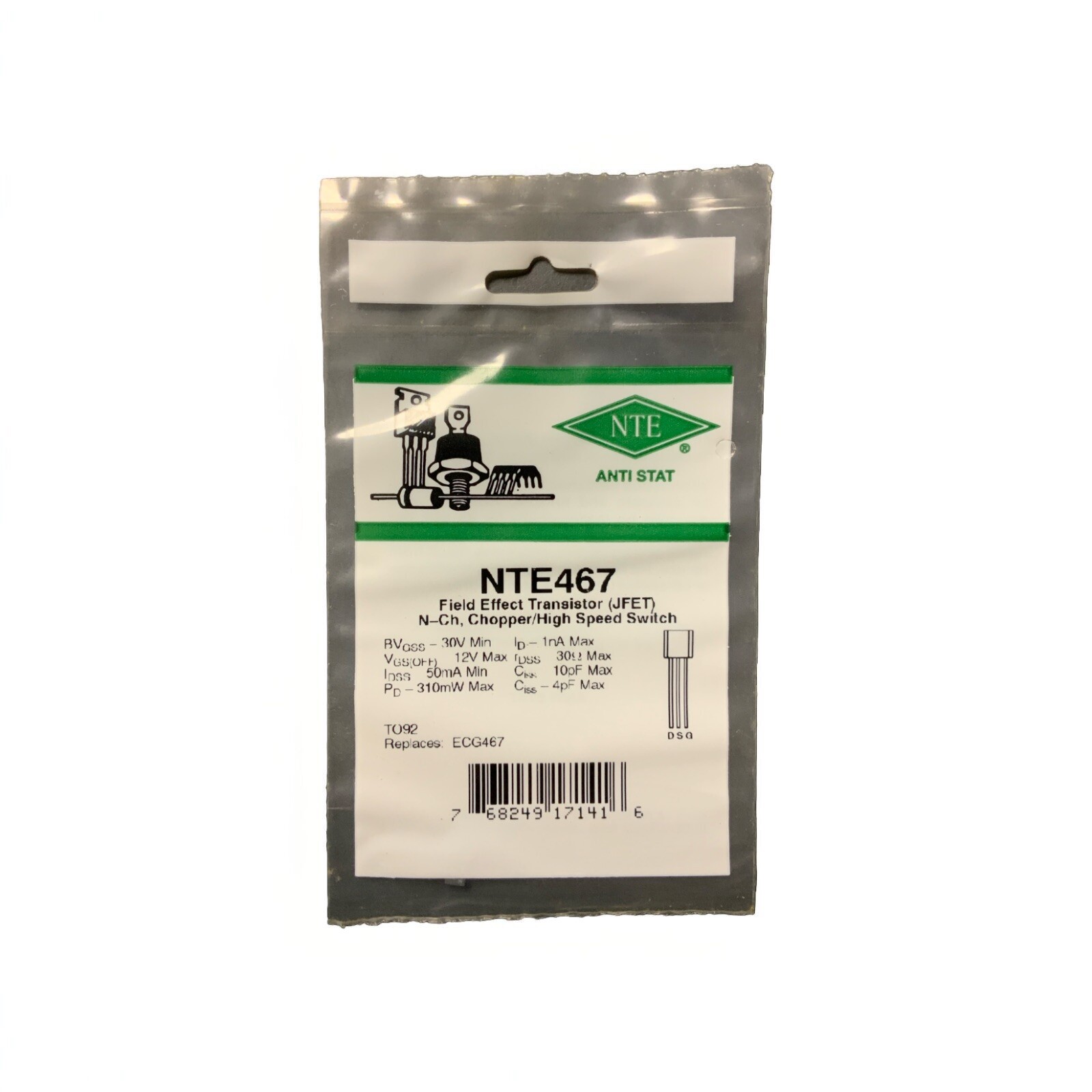 NTE467 Field Effect Transistor JFET N-Ch, Chopper/High Speed Switch TO92 ECG467