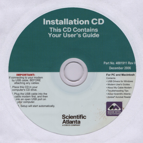 Scientific-Atlanta WebSTAR USB Cable Modem Adaptor Software Install CD (2006)