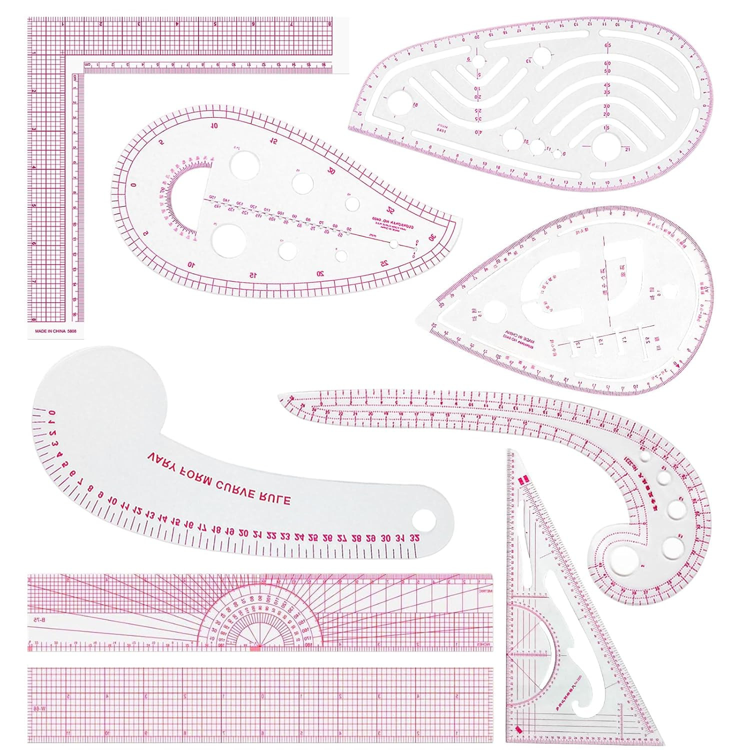 Clear Metric Sewing Ruler Set with French Curves for Tailors and Designers