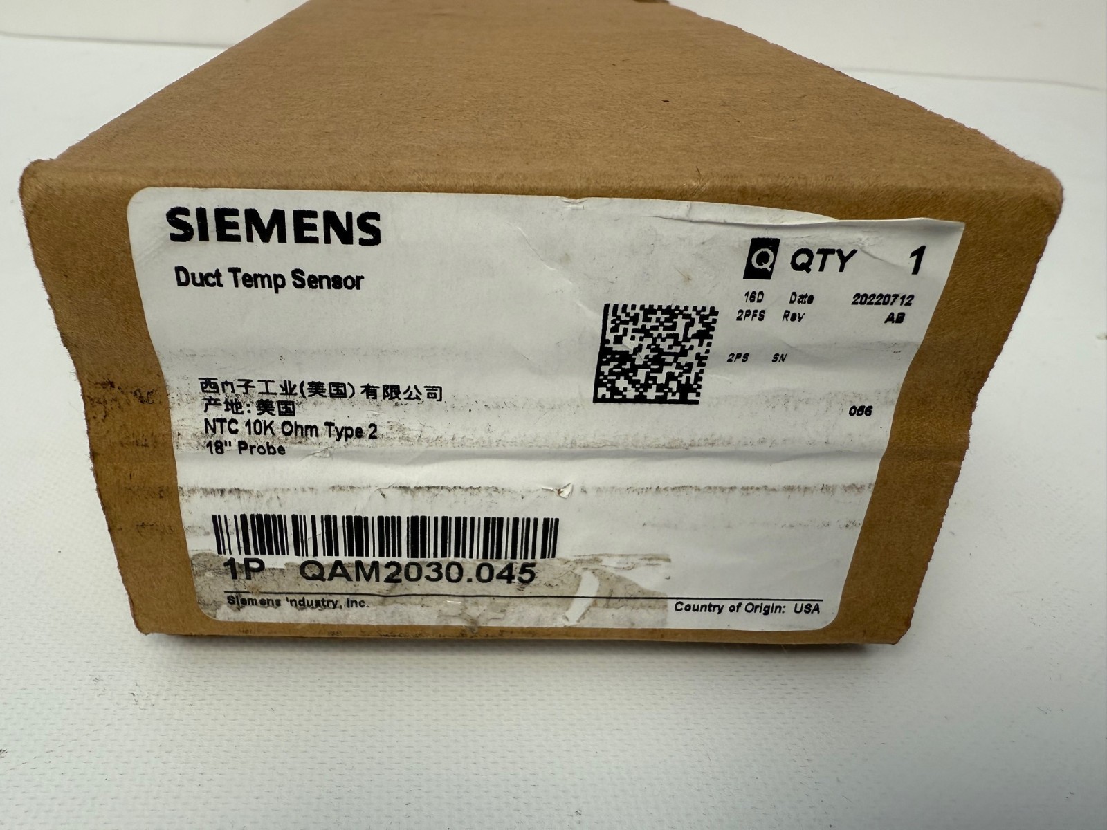 SIEMENS QAM2030.045  DUCT TEMP SENSOR 18" PROBE NTC 10K OHM TYPE 2  NEW OPEN BOX