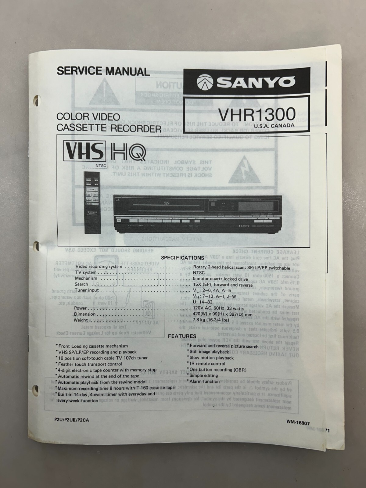 Sanyo VHR1300 Original Service Manual Free Shipping