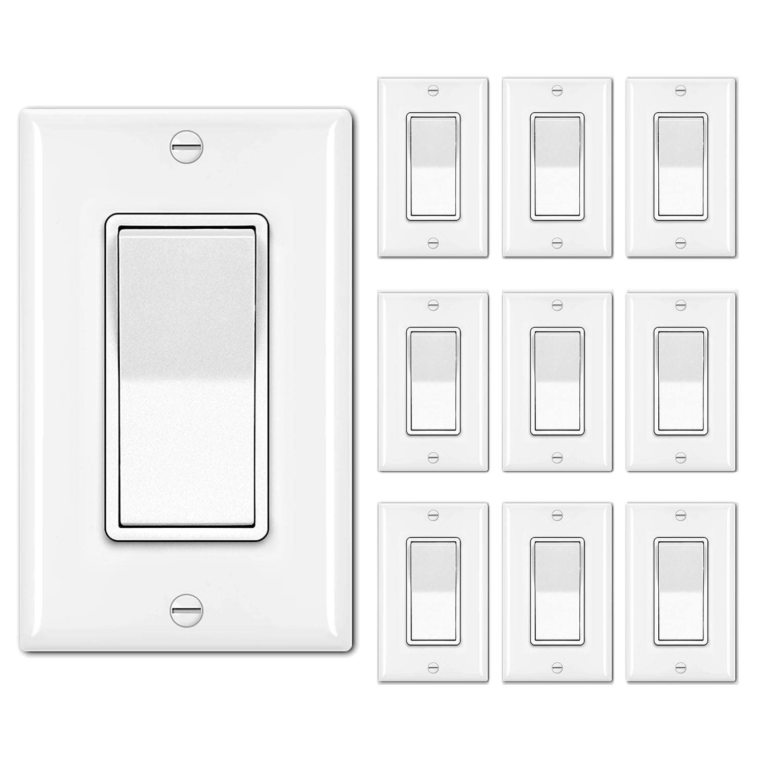 BESTTEN 10 Pack Single Pole Decorator Light Switch with Wallplate, 15A 120/277V,