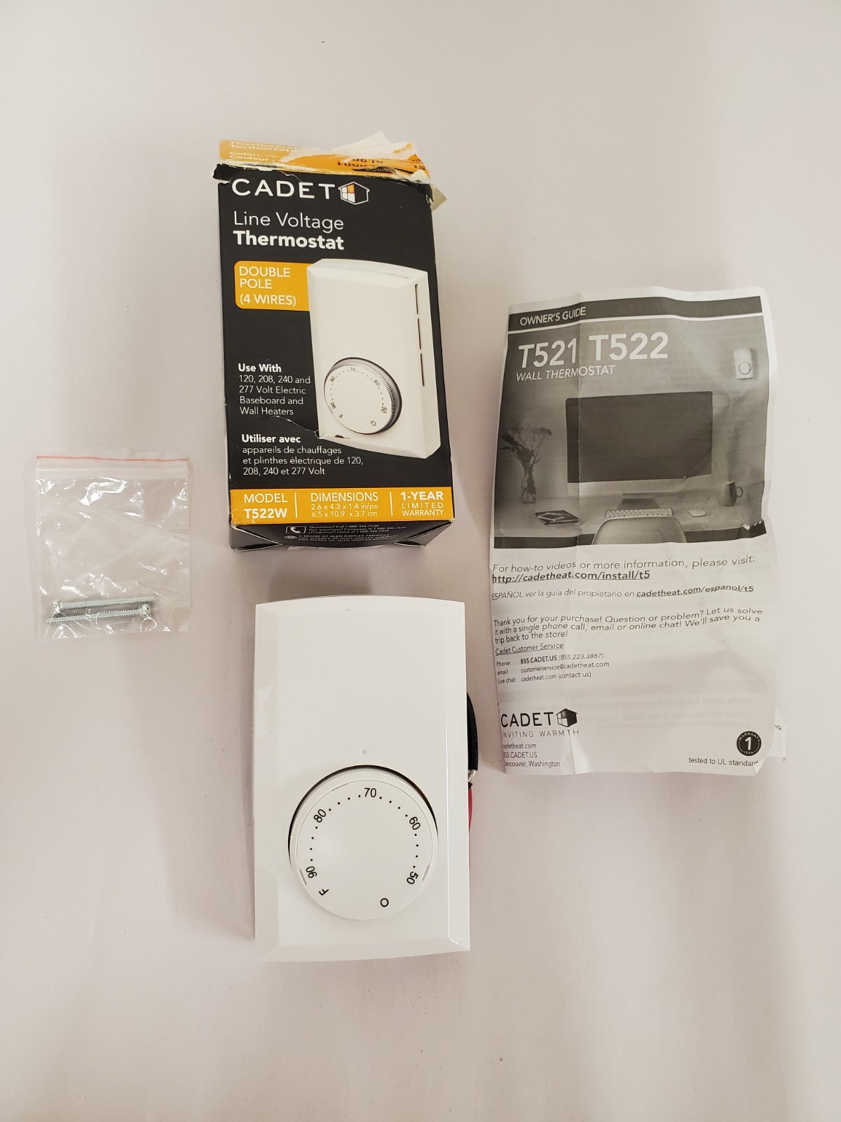 Cadet Line Voltage Wall Mounted Mechanical Thermostat Double Pole White T522W