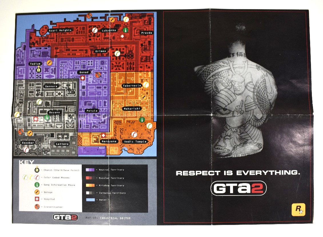 Grand Theft Auto 2 - GTA2 - Original Fold Out Map - Anywhere City - Never Used