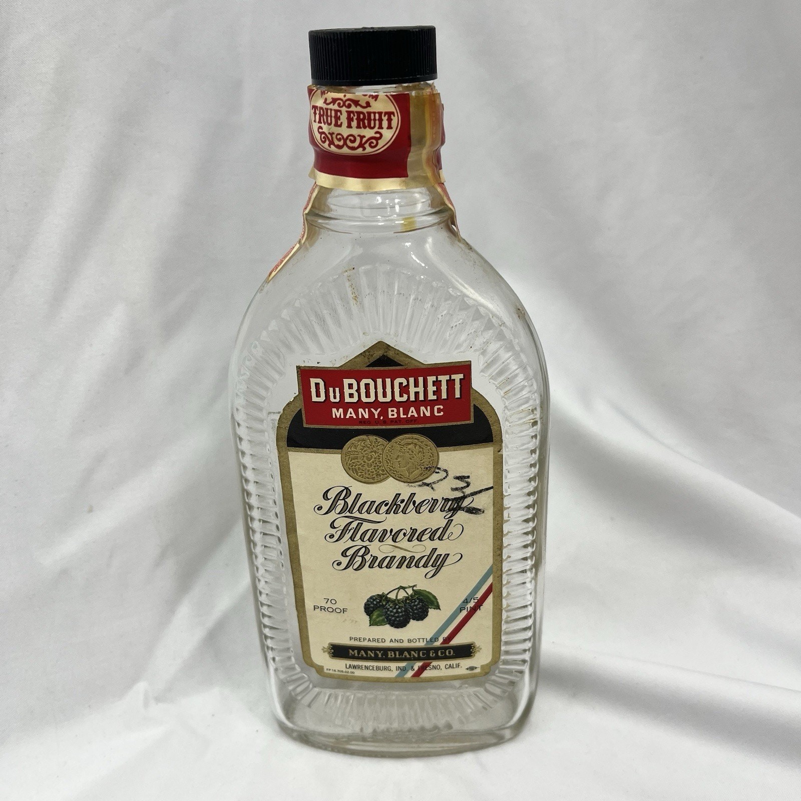 DuBouchett Many Blanc Blackberry Flavored Brandy Empty Embossed Bottle 4/5 Pint
