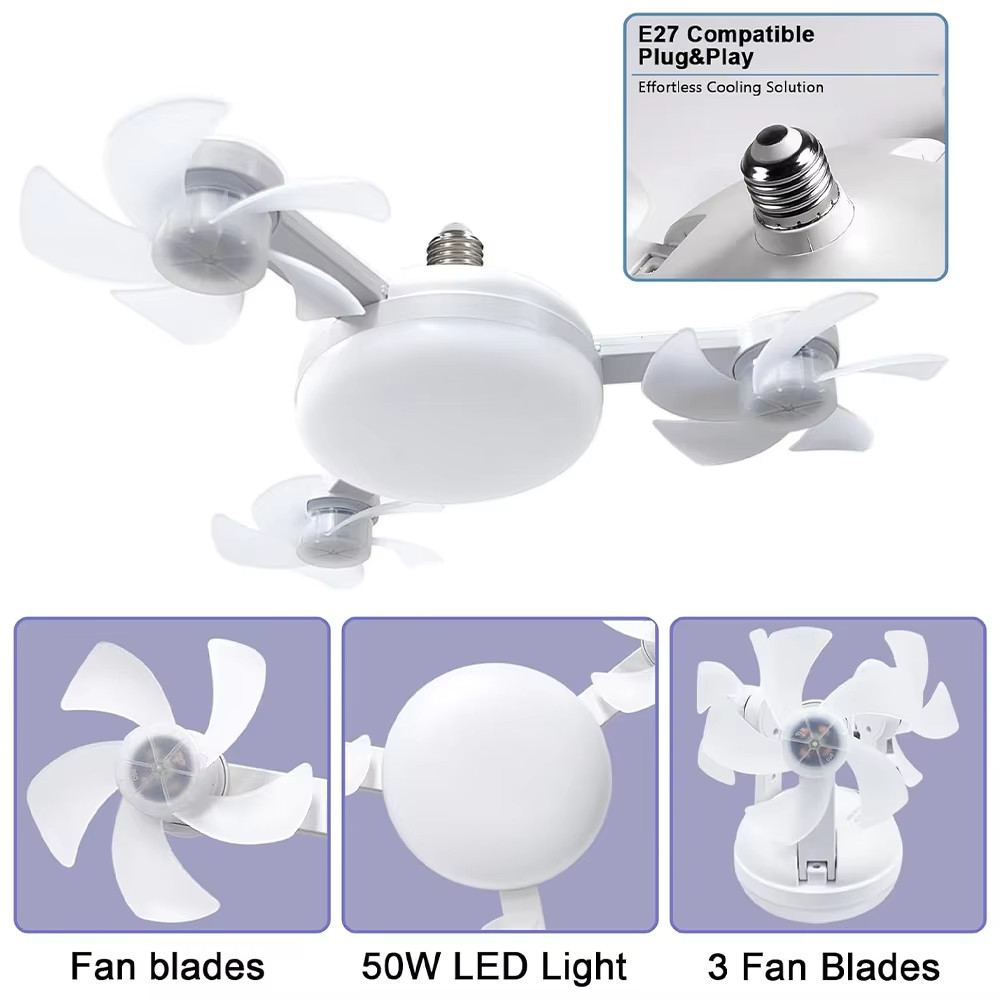 LED Socket Ceiling Fan with Light & Remote E27 Screw In Smart Mini Fan