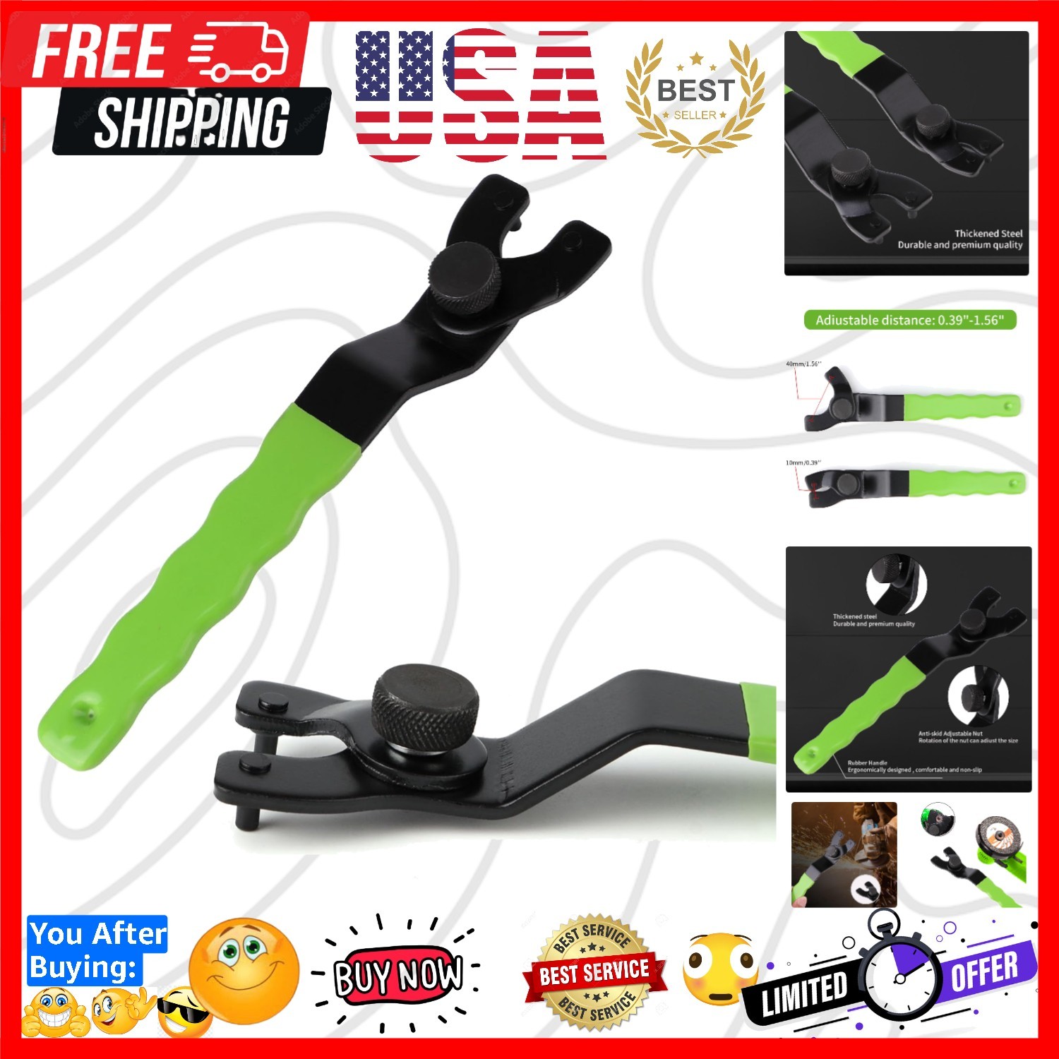 Adjustable Pin Wrench for Angle Grinder Machine,Grinder Spanner ​Wrench Green