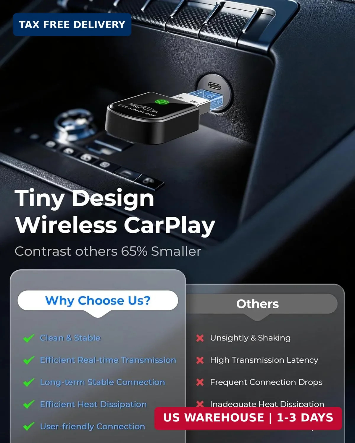 Wireless Carplay Adapter for iPhone Latest Upgrade, Tiny Bluetooth Receiver Conv