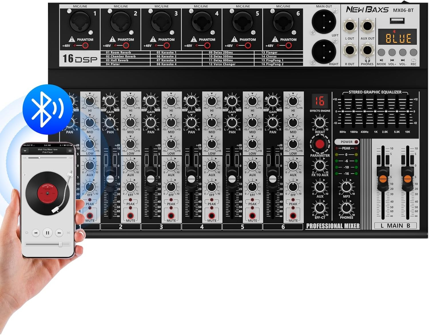 Professional Audio Mixer,6 Channel Audio Interface Sound Board Mixing