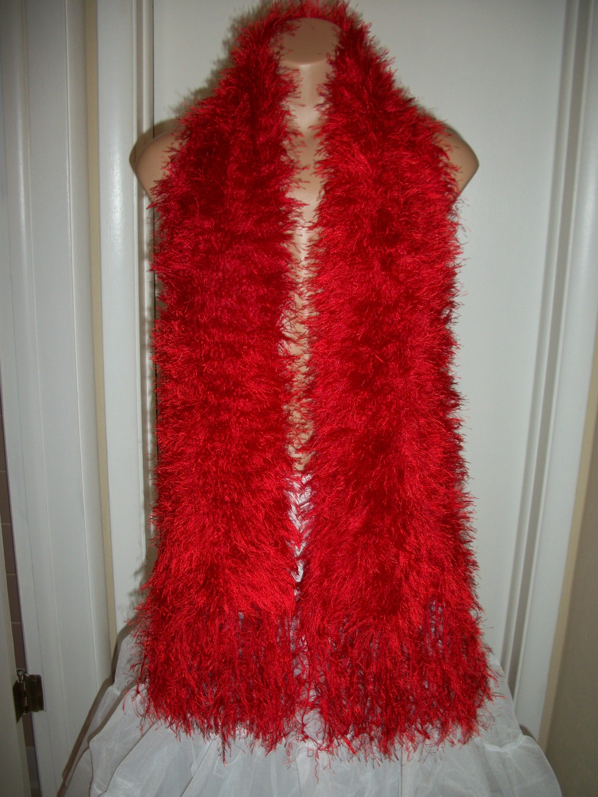 NEW - HAND KNIT CROCHET SHAWL  WRAP  SCARF RED COLOR  SIZE 70" x 10" INCHES