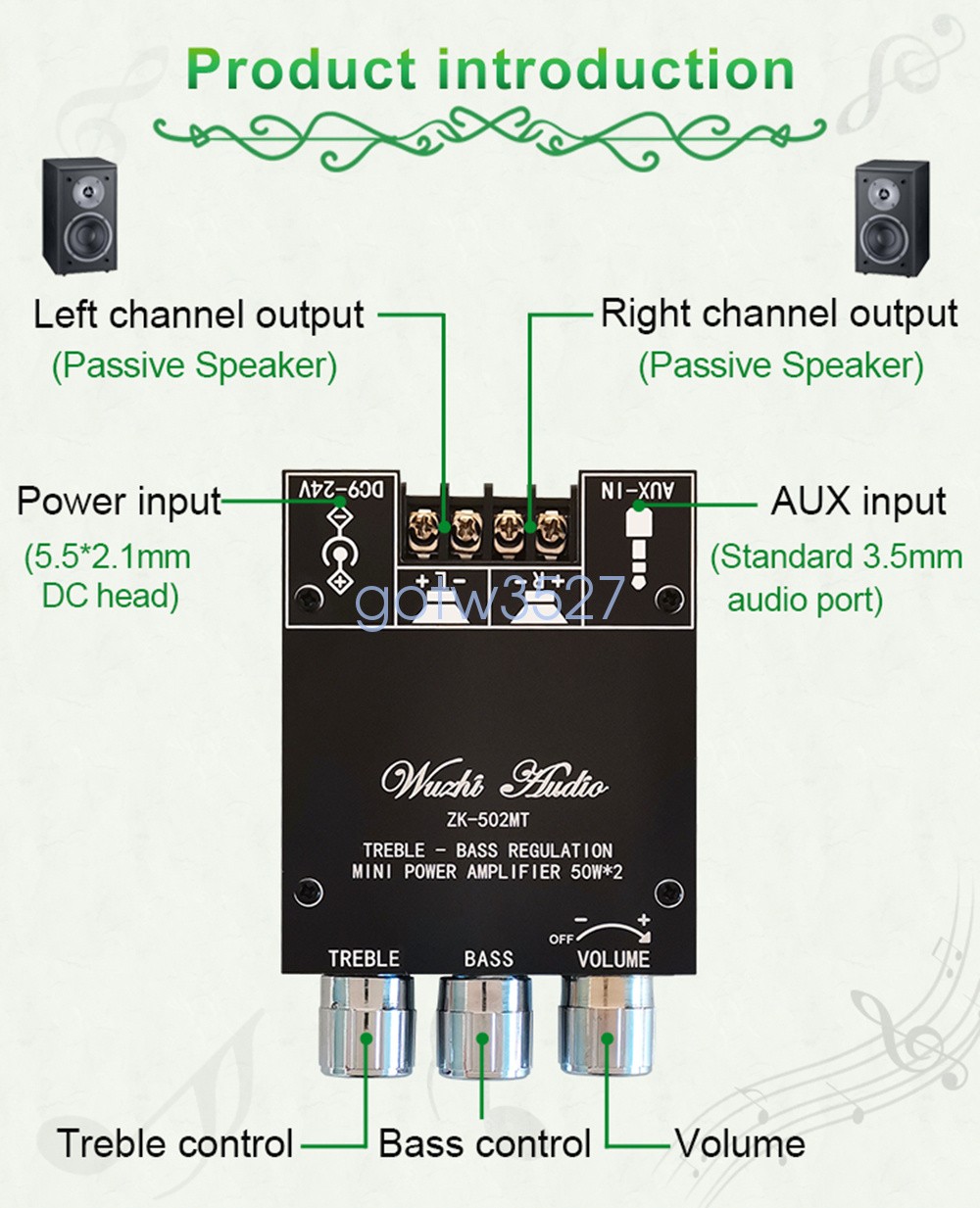 502MT 50Wx2 Bluetooth Audio Amplifier Module with Tone Control 2-Channel Stereo