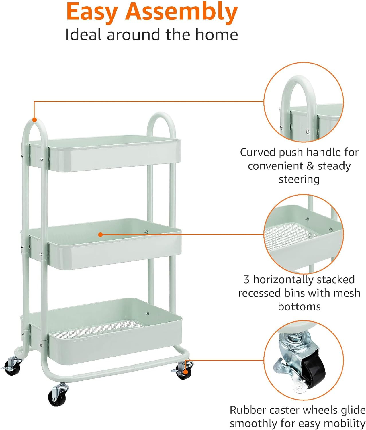 Basics 3-Tier Metal Rolling Utility or Kitchen Cart - Mint Green