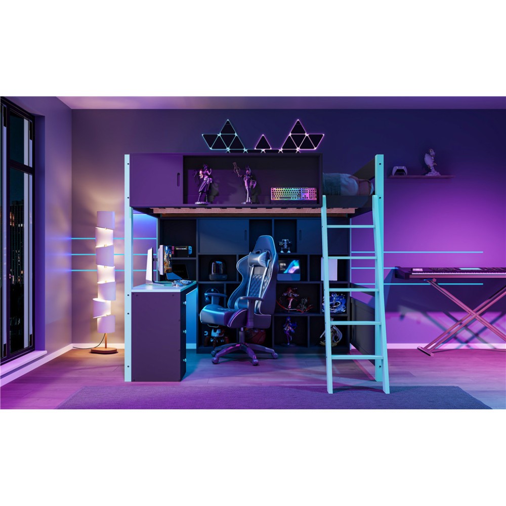 Full Size Wood Loft Bed with Desk, Ample Storage Space and Light Blue Bed Frame