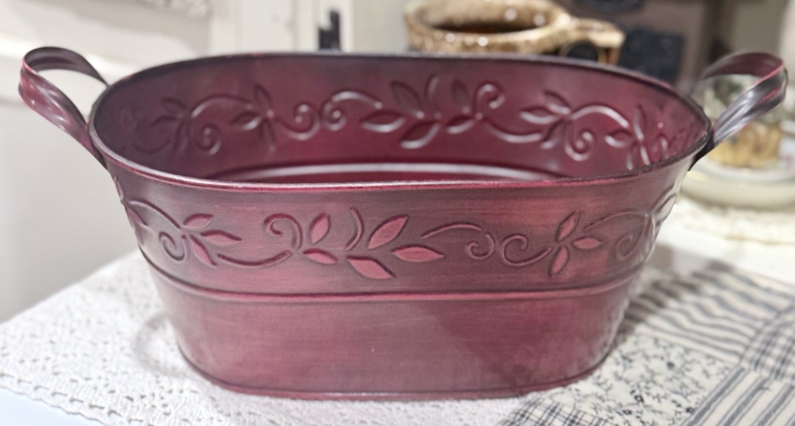 Vintage Metal Red Basket With Handle, 8x3”, Embossed Ivy